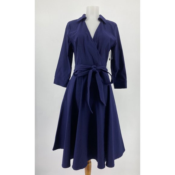 Modcloth Dress Faux Wrap Navy Blue Collared - Picture 1 of 8